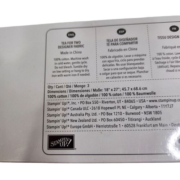 Stampin' Up! TEA FOR TWO Designer Fabric 3 Fat Quarters 18 x 27 NEW Sealed‎ - Picture 5 of 5